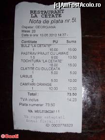 [P16] Nota de plată pentru consumaţie. Ospătarul Georgiana a fost foarte amabilă. Doar când am cerut plata cu cardul o umbră i-a trecut peste ochi, dar am avut grijă să-i răsplătim şi ei serviciile. :)) » foto by Costi
 - 
<span class="allrVoted glyphicon glyphicon-heart hidden" id="av318437"></span>
<a class="m-l-10 hidden" id="sv318437" onclick="voting_Foto_DelVot(,318437,7327)" role="button">șterge vot <span class="glyphicon glyphicon-remove"></span></a>
<a id="v9318437" class=" c-red"  onclick="voting_Foto_SetVot(318437)" role="button"><span class="glyphicon glyphicon-heart-empty"></span> <b>LIKE</b> = Votează poza</a> <img class="hidden"  id="f318437W9" src="/imagini/loader.gif" border="0" /><span class="AjErrMes hidden" id="e318437ErM"></span>
